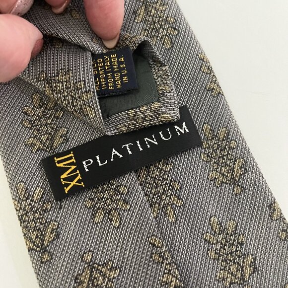 XMI PLATINUM 100% SILK NECKTIE LIGHTLY TEXTURED GRAY with GOLD-TAN FLORAL - Picture 3 of 7